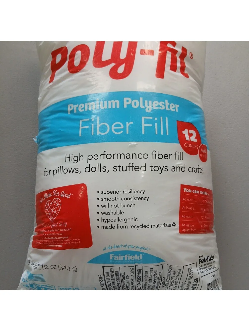 Fairfield Original Poly-Fil Premium Polyester Fiber Fill Stuffing 12 oz Bag NEW